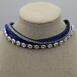 Royal Blue Suede Crystal Stud Wrap Bracelet Silver Tone  14-15 in Snap Clasp In
